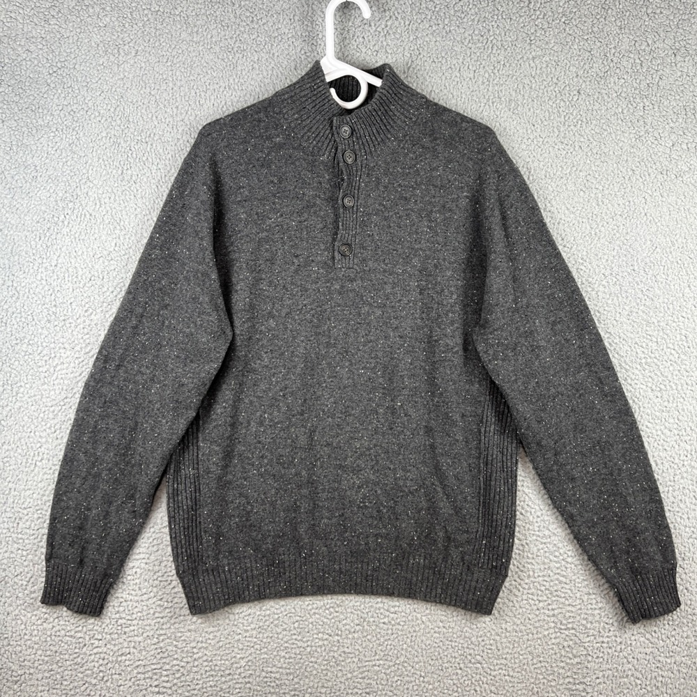 Neiman‎ Marcus Cashmere Sweater Mens Large Gray Donegal Fleck Button Mock Neck L